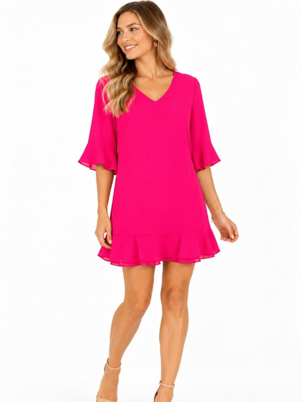 CeCe Hot Pink V Neck Flutter Sleeve Mini Dress Ruffle Hem-4